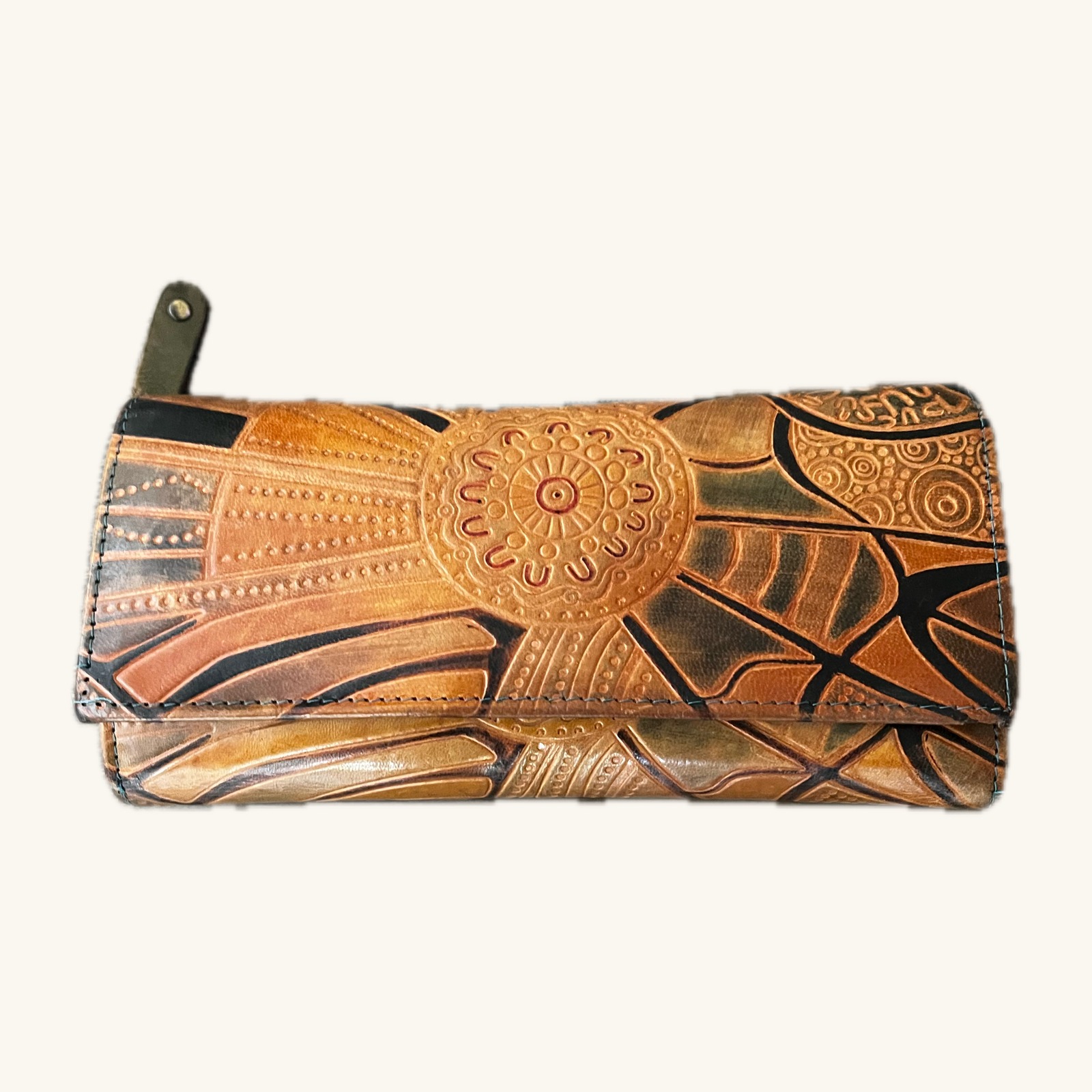 Sydney hand-tooled leather wallet with Aboriginal motifs