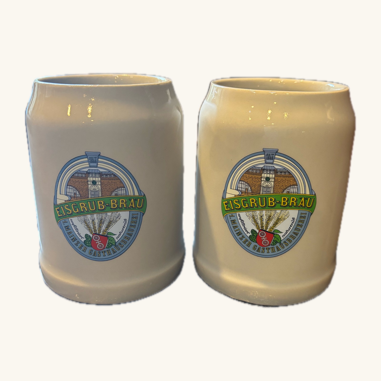 Eisgrub-Bräu Mainz ceramic beer mug pair