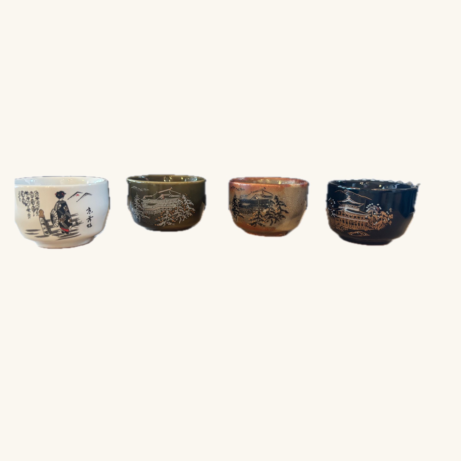 Kyoto temple sake cups — set of four (Kiyomizu, Kinkaku-ji, maiko)