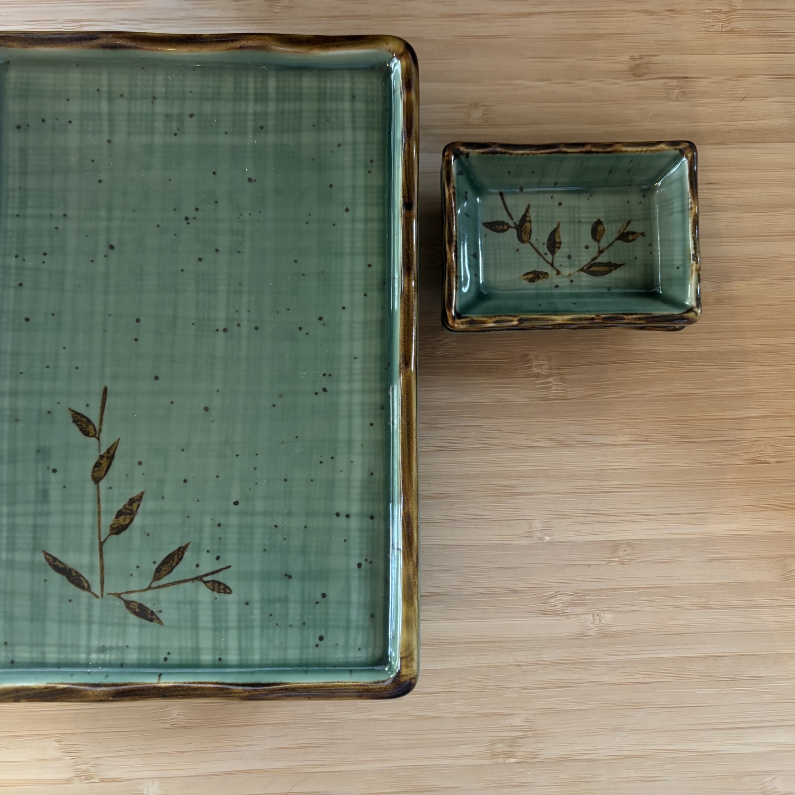 Japanese sushi serving set — celadon platter with matching dipping dish