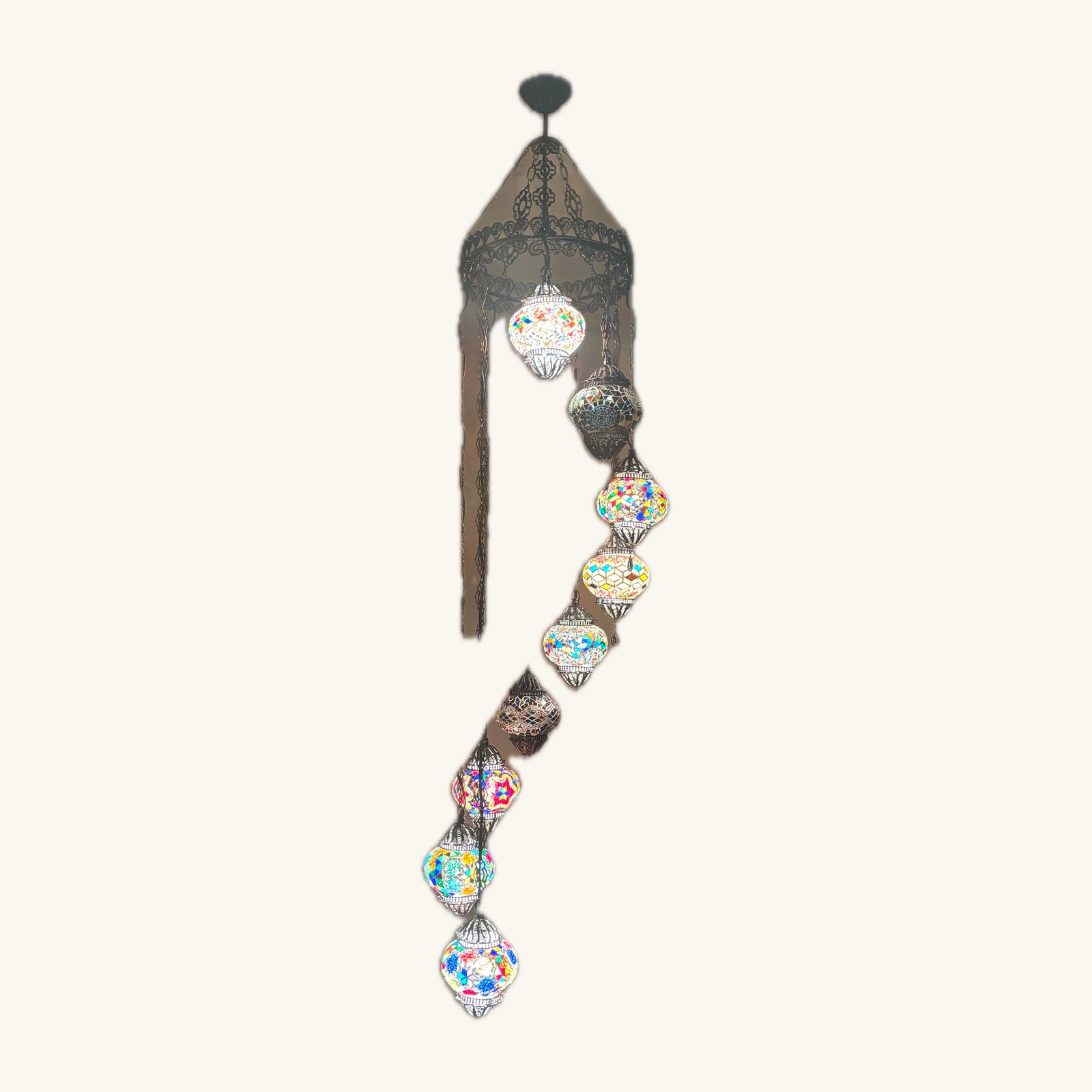 Mosaic glass spiral chandelier — 9-lamp cascade
